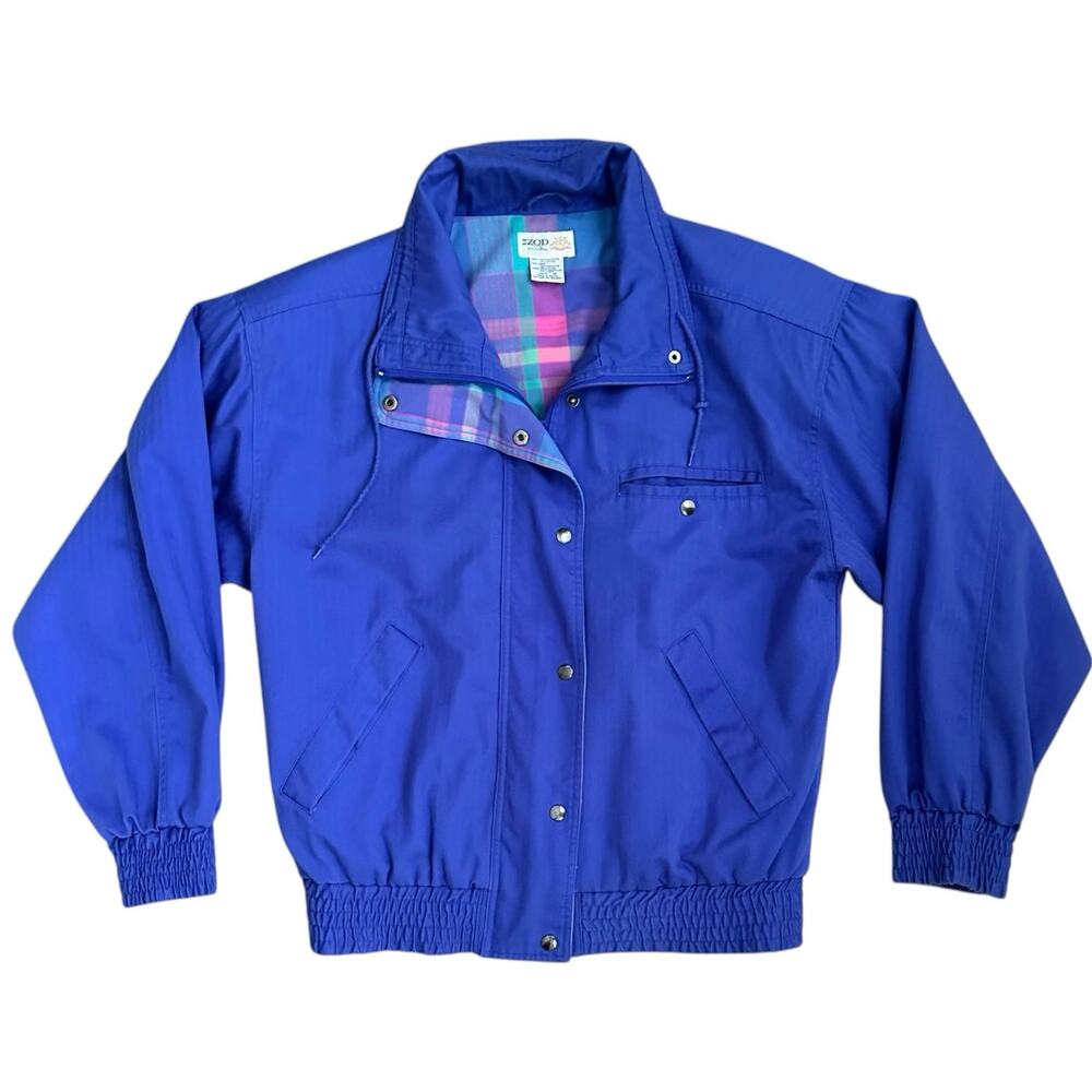 Vintage IZOD Club Windbreaker Jacket Womens M Blue Plaid Lined 80s Preppy Retro